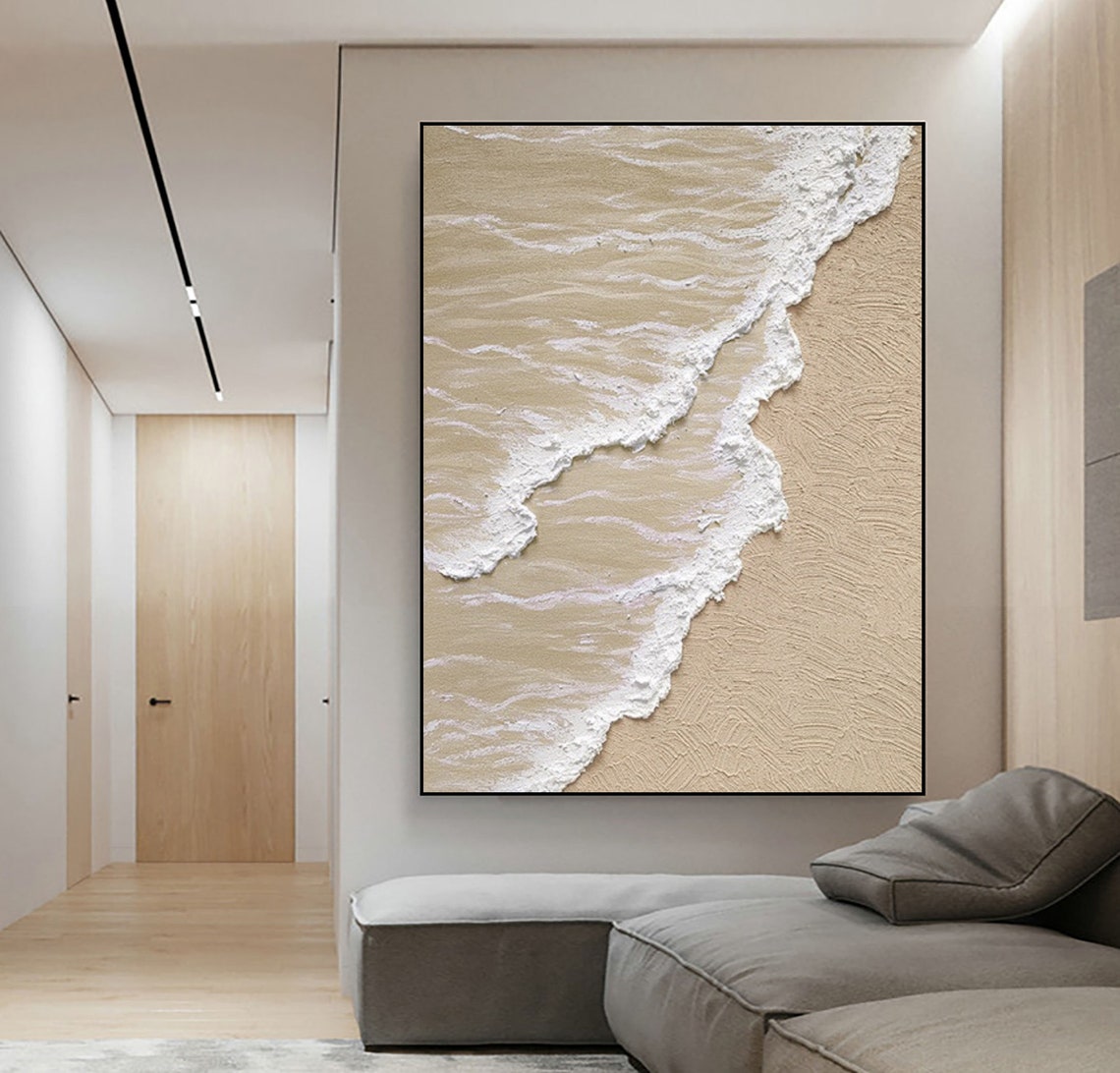 Beige Sand Beach Aerial with White Foam Waves Textured Ocean Poster - Image 2