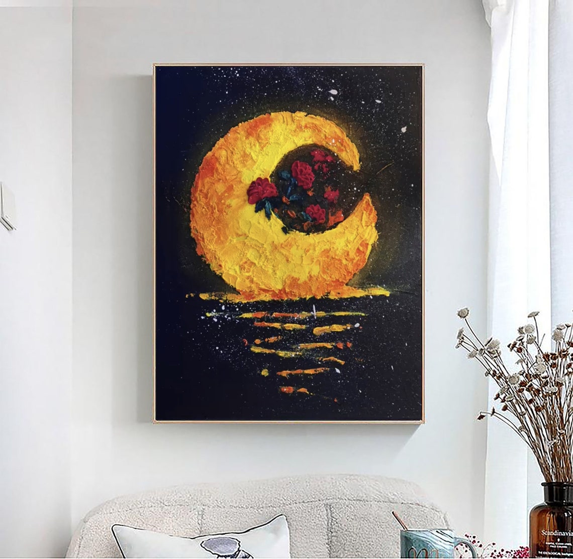 Golden Crescent Moon Roses Night Sky Textured Oil Painting Poster - Image 2