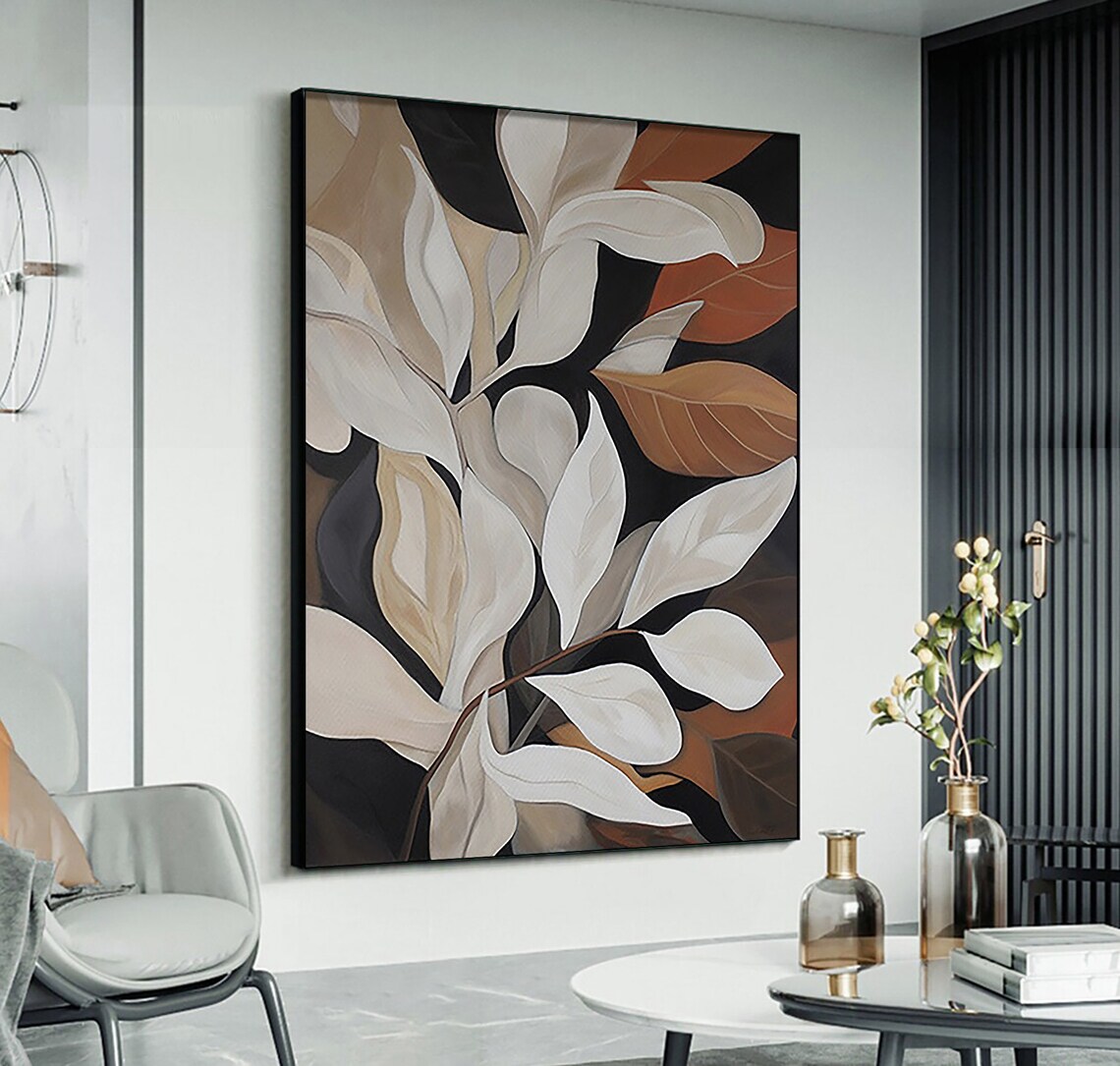 Ivory and Copper Leaves on Black Dark Botanical Painting Poster - Image 2