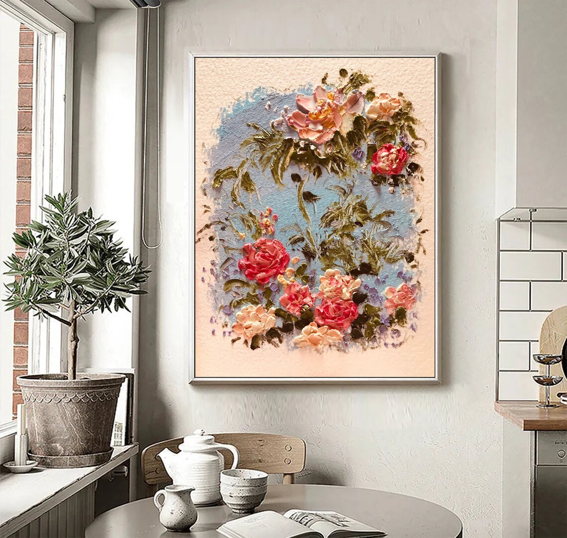 Pink Peony Rose Bouquet Impasto Floral Oil Painting Neutral Poster - Image 5