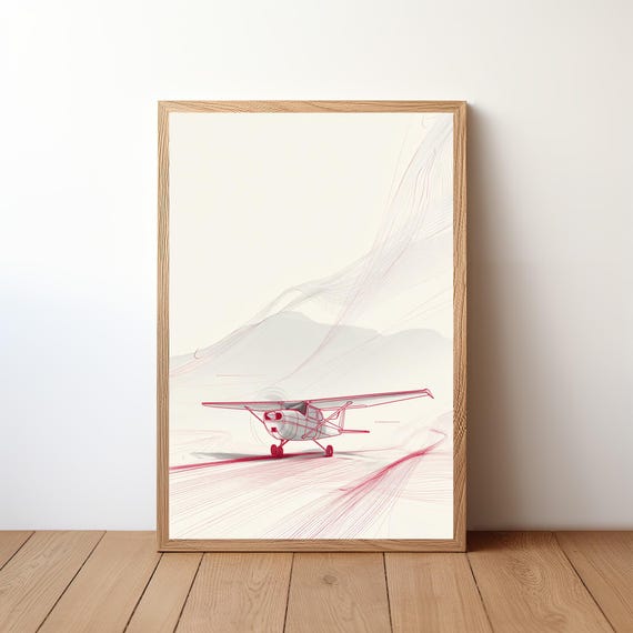 Minimalist Cessna Plane Poster Modern Aviation Wall Art Small Aircraft In Sky Print Simple Pilot Decor Clean Flight Illustration Avi31