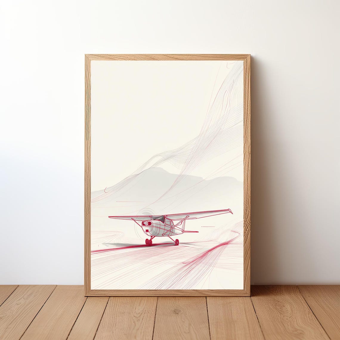 Red Line Art Airplane Sketch Minimalist Mountain Flyover Poster