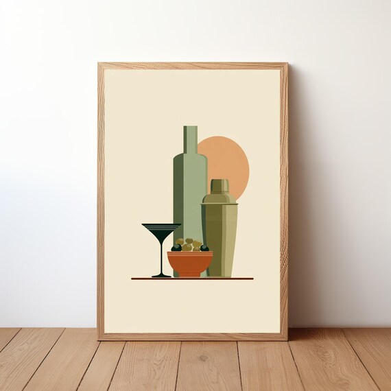 Olive Cocktail Set Bottles Martini Glass Minimalist Bar Wall Art