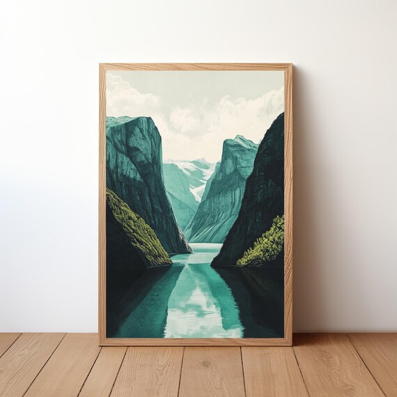 Emerald Fjord Cliffs Mirror Water Nordic Travel Illustration Poster