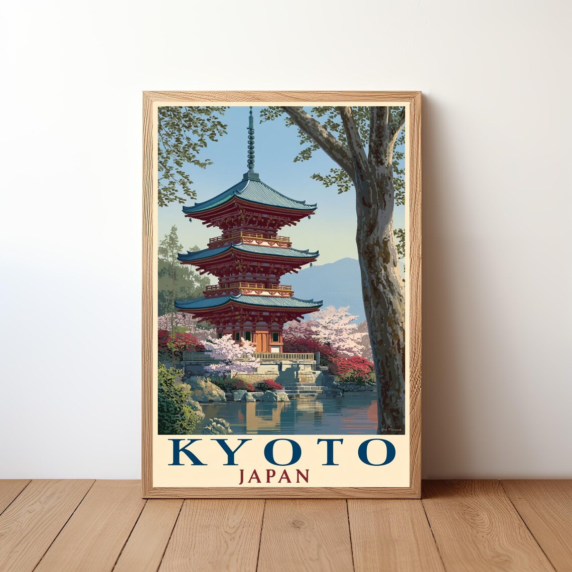 Kyoto Japan Cherry Blossom Season Travel Poster Pagoda Pond Serene Art