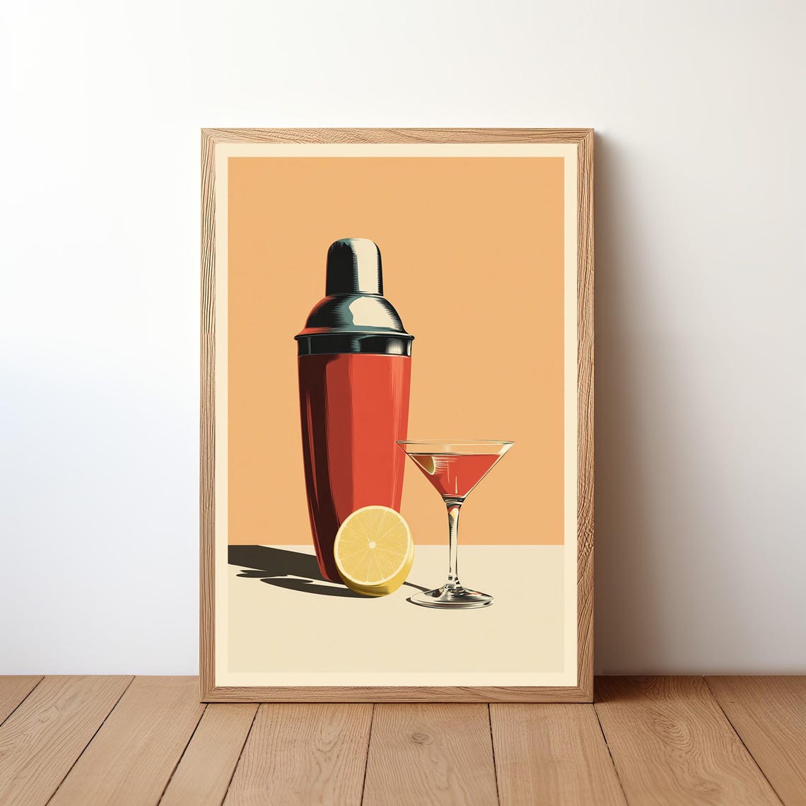 Retro Cocktail Shaker and Martini Glass Illustration Bar Decor Poster