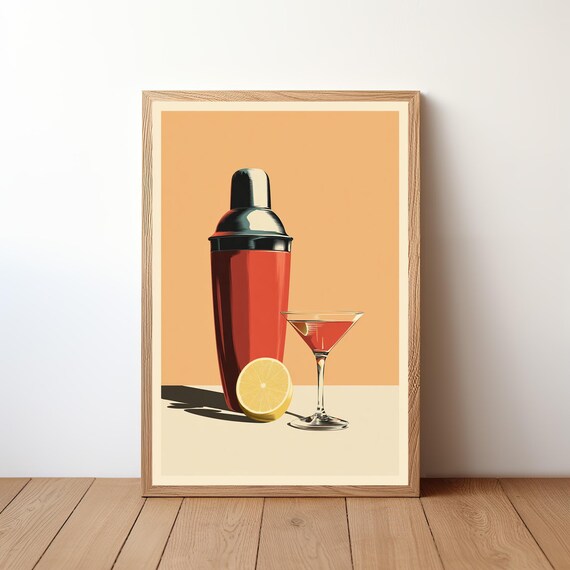 Retro Cocktail Shaker and Martini Glass Illustration Bar Decor Poster