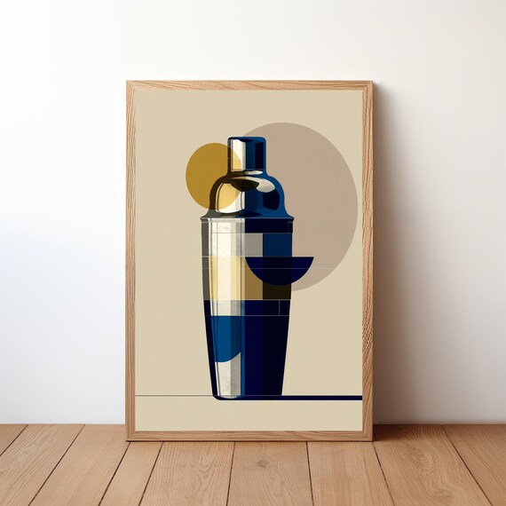 Navy Bauhaus Cocktail Shaker With Tan Sun Disc Modern Wall Art
