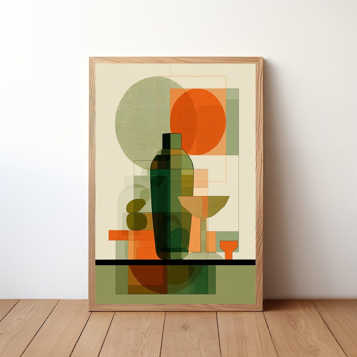 Mid Century Cocktail Still Life Bottle Orange Geometric Wall Art