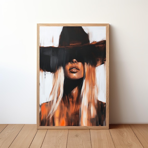 Abstract Cowgirl With Black Hat Western Oil Painting Wall Art