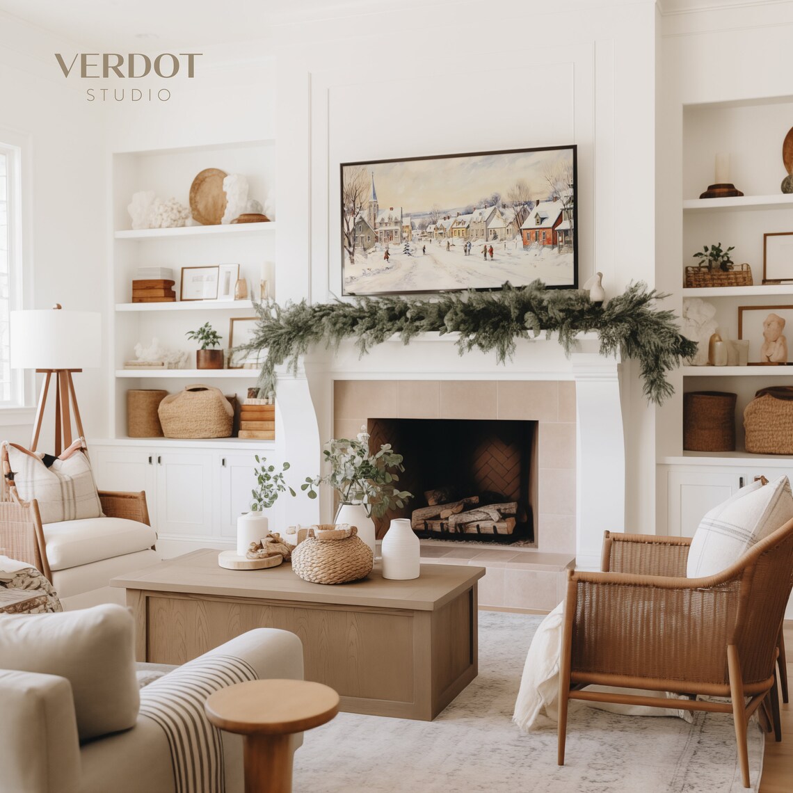 Winter Village Christmas Art Print, Neutral Small Town - Image 4