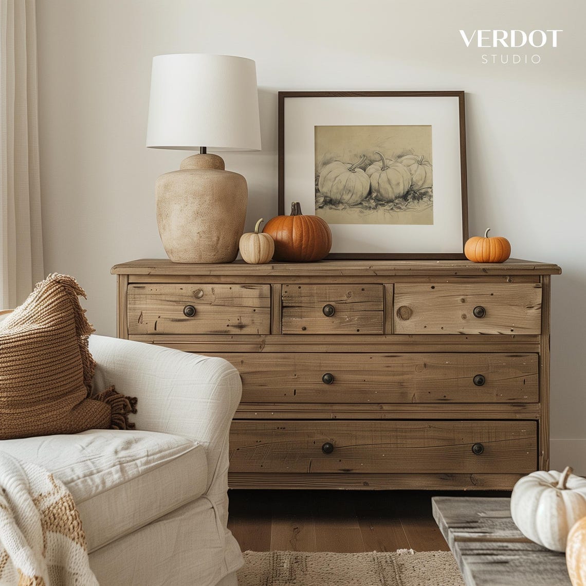 Neutral Pumpkin Sketch Fall Still Life Pencil Drawing Beige Art Print - Image 3