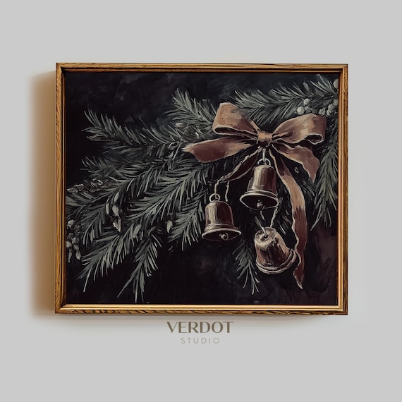 Vintage Bells Christmas Print, Dark Winter Holiday