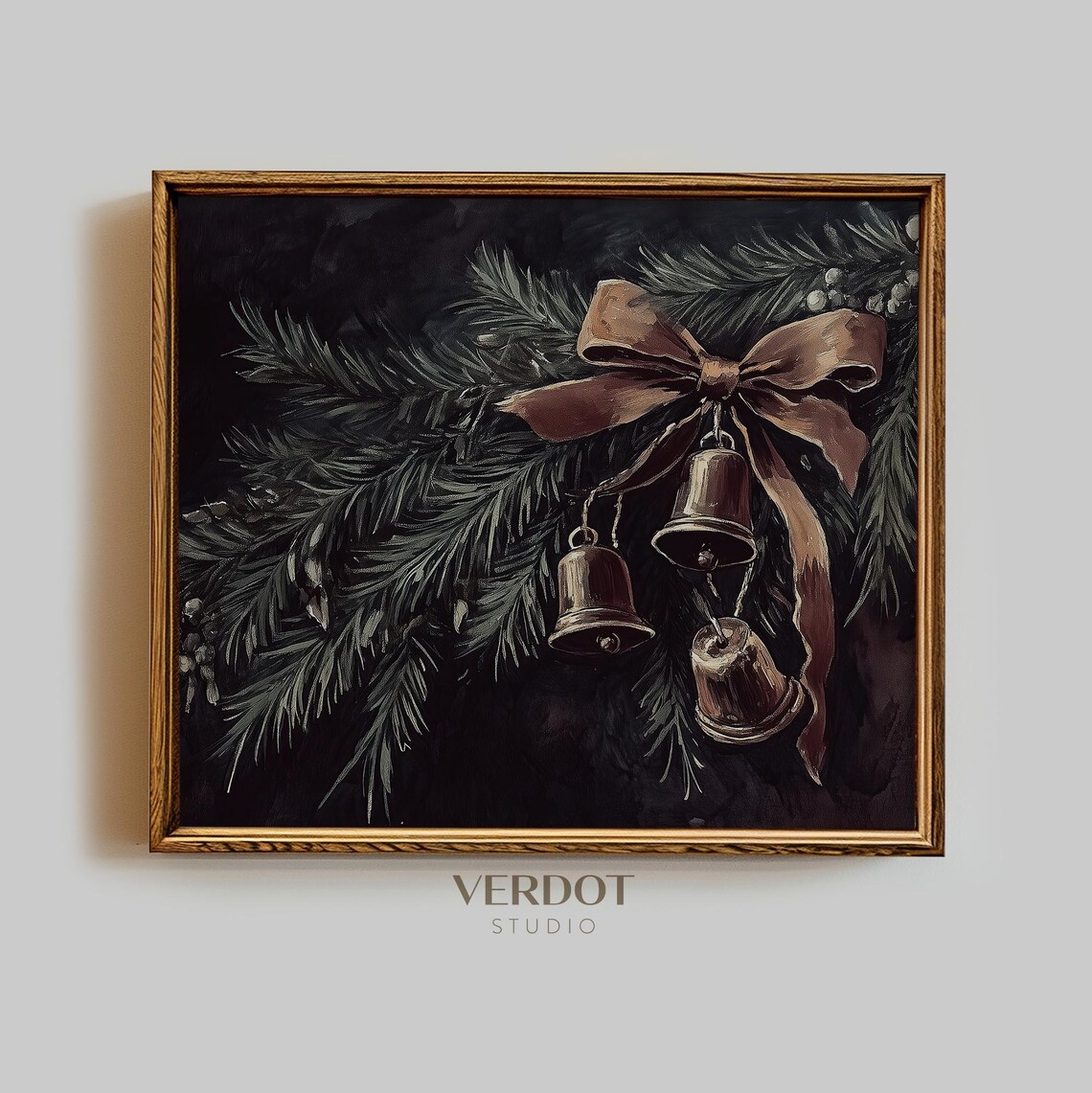 Vintage Bells Christmas Print, Dark Winter Holiday