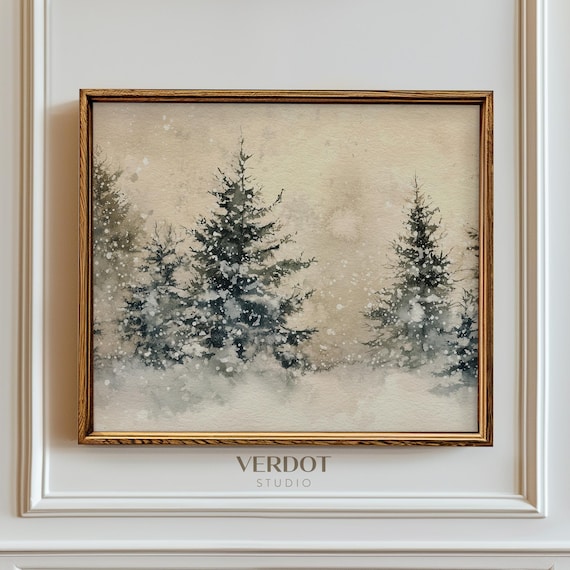 Winter Christmas Trees Landscape, Neutral Holiday Art Print