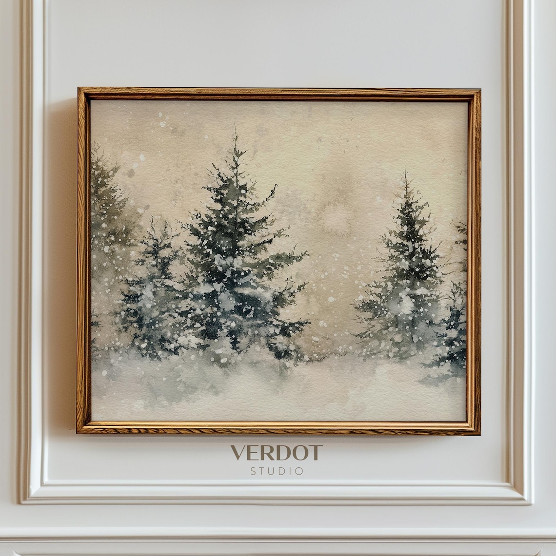 Winter Christmas Trees Landscape, Neutral Holiday Art Print