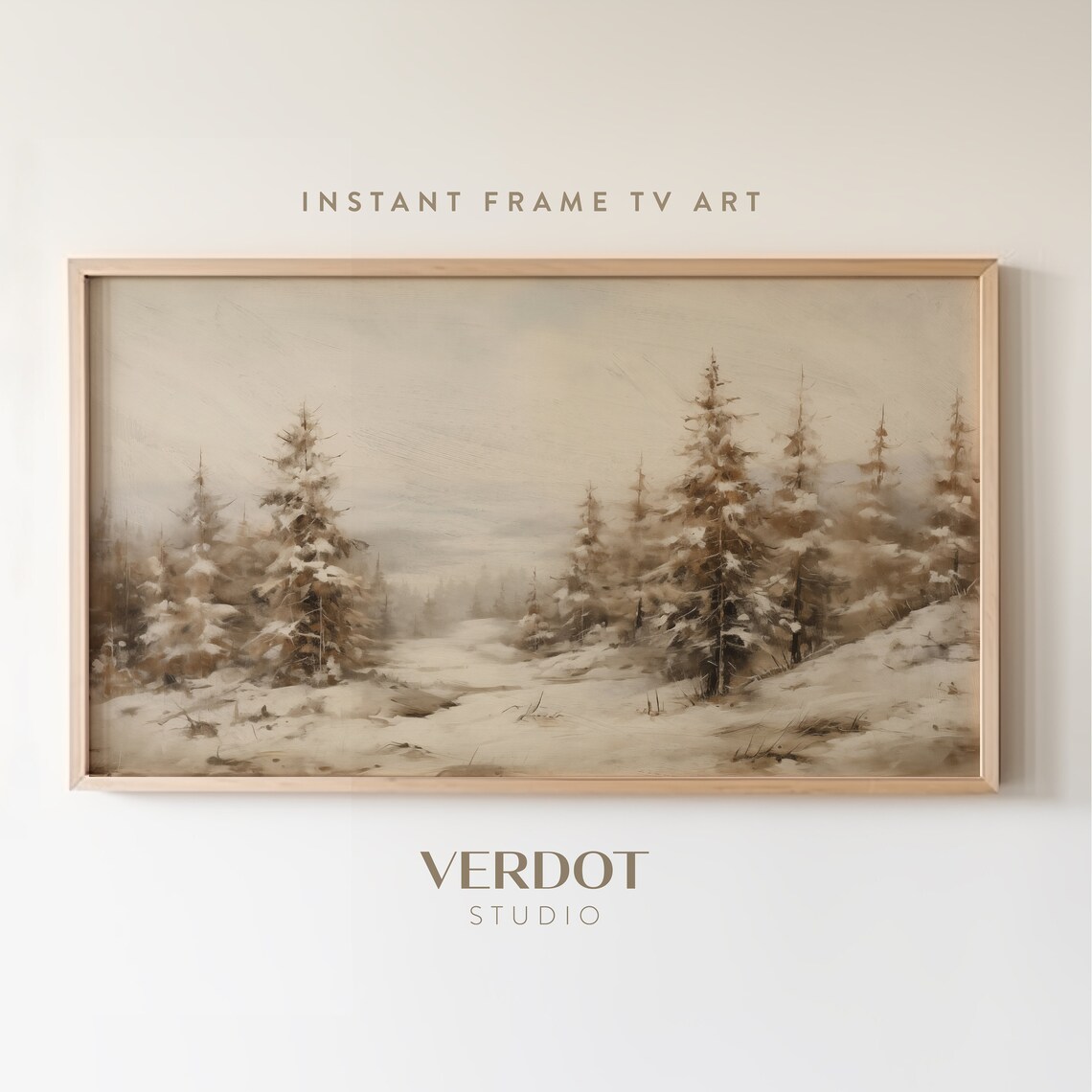 Vintage Winter Painting: Evergreen Forest Landscape