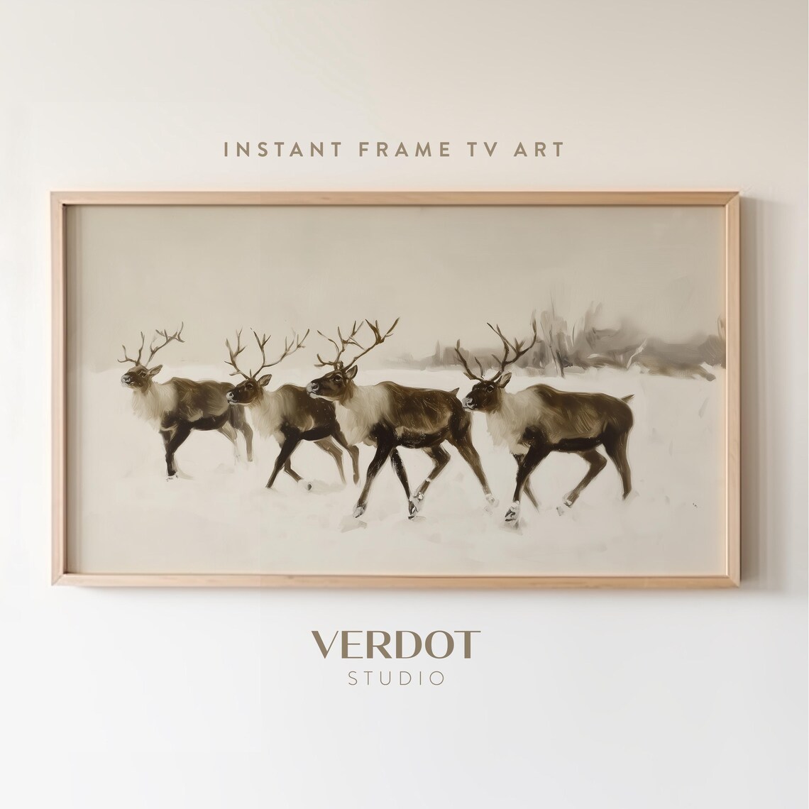 Santa's Reindeer Christmas Poster, Winter Animal Art