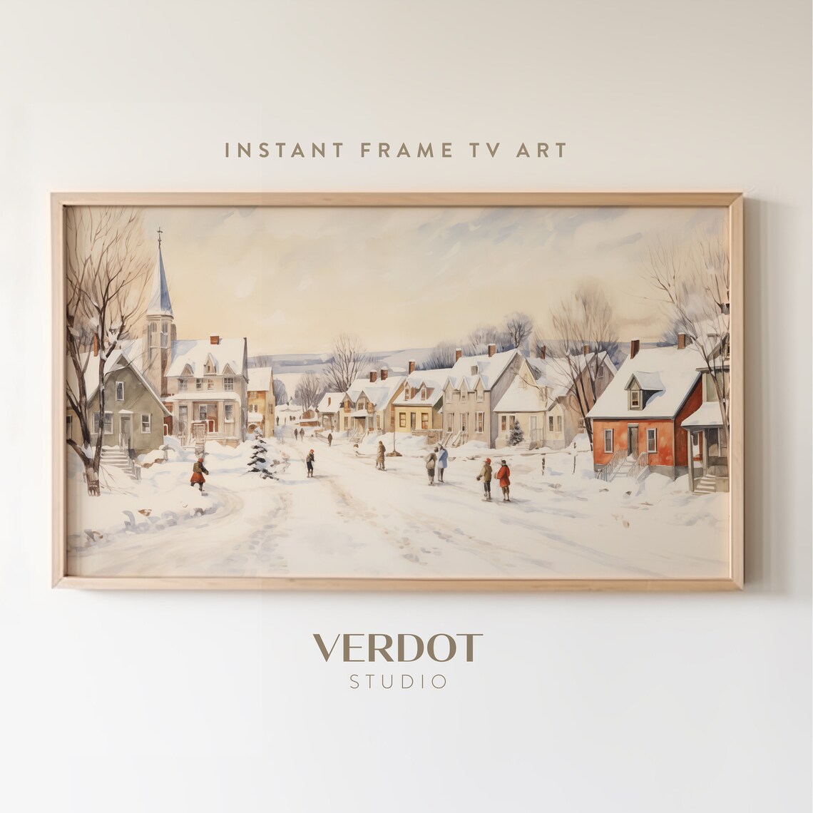 Winter Village Christmas Art Print, Neutral Small Town