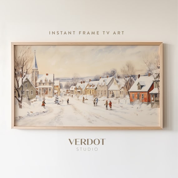 Winter Village Christmas Art Print, Neutral Small Town