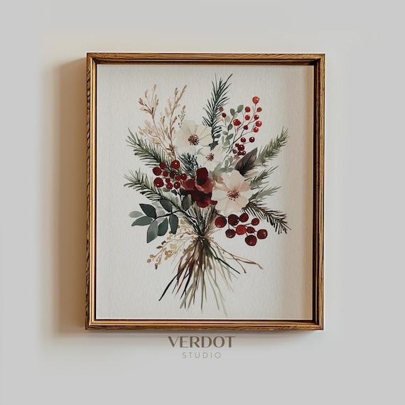 Winter Flowers Christmas Print, Evergreen Berries