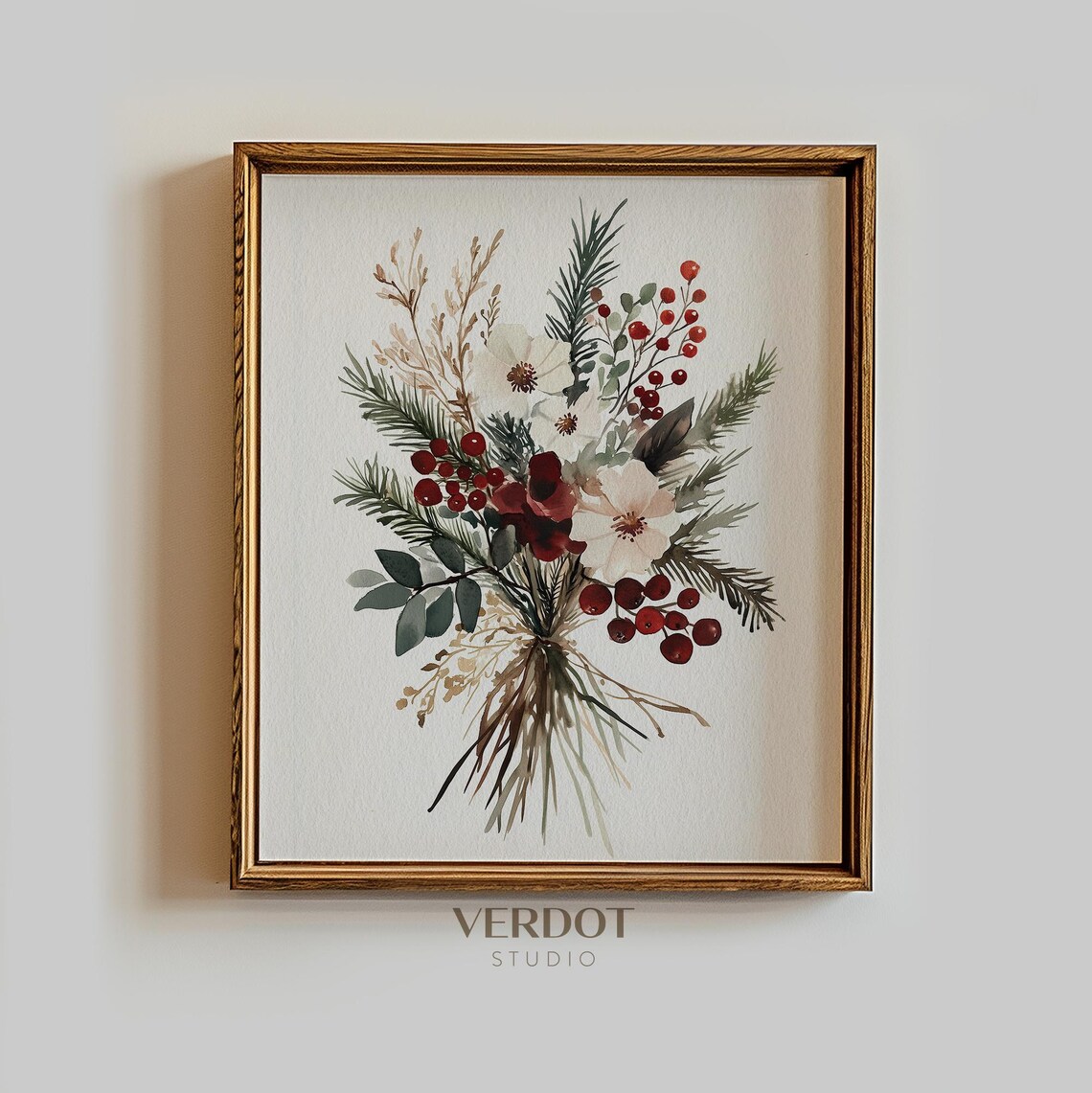 Winter Flowers Christmas Print, Evergreen Berries