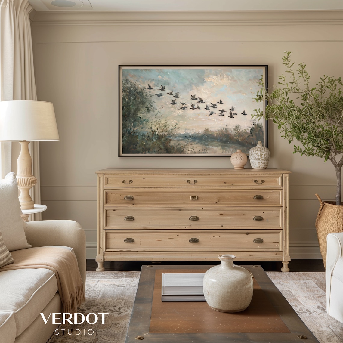 Flying Bird Flock Vintage Style Landscape Art Print - Image 4