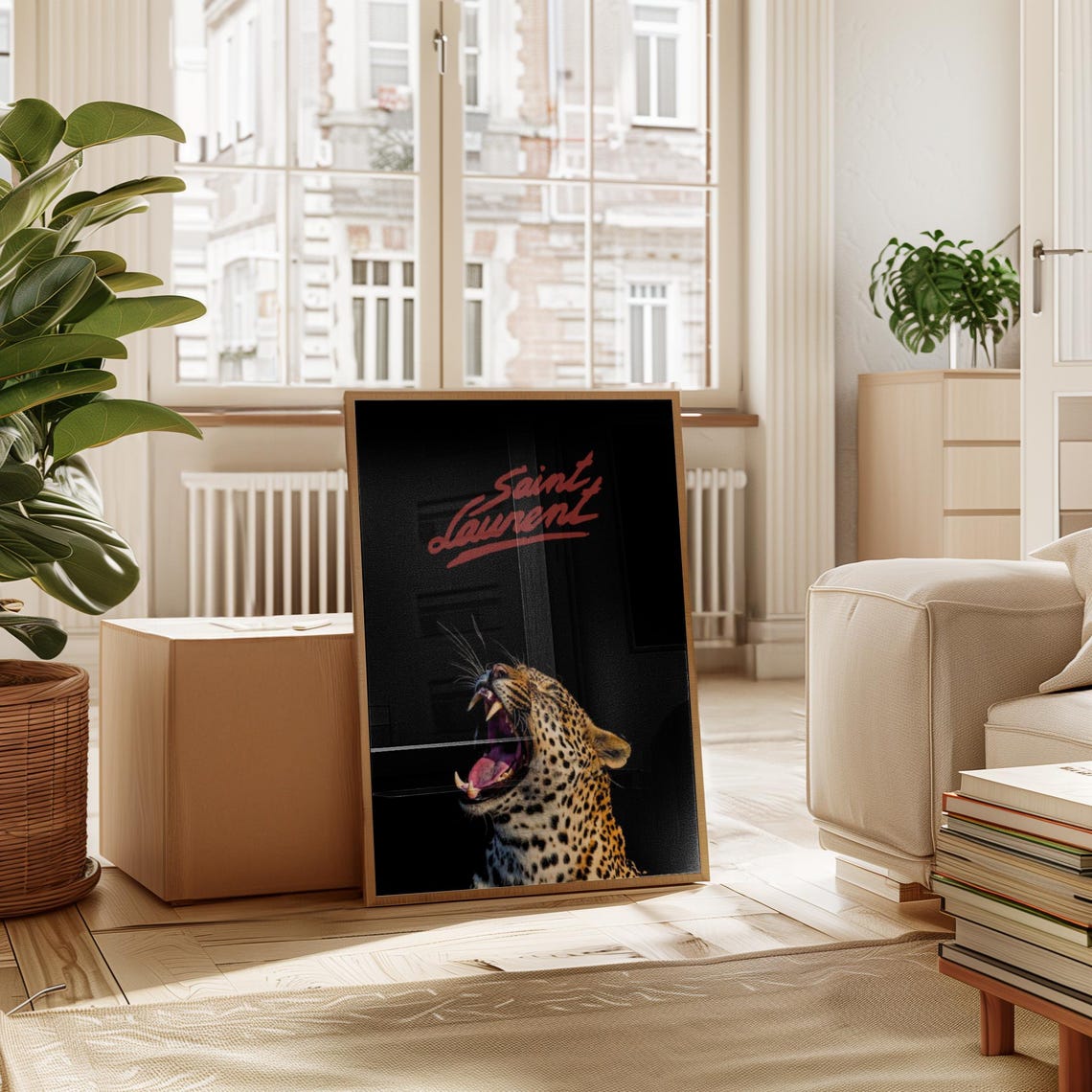 Saint Laurent Script with Roaring Leopard on Black Fashion Poster - Image 3