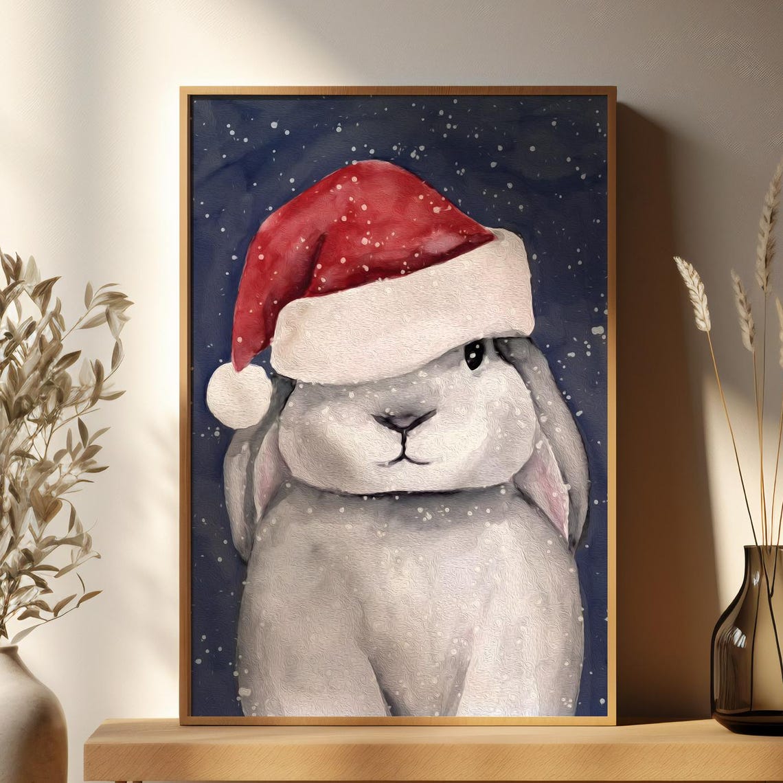 Christmas Bunny Wearing Santa Hat In Snowy Night Sky Animal Poster