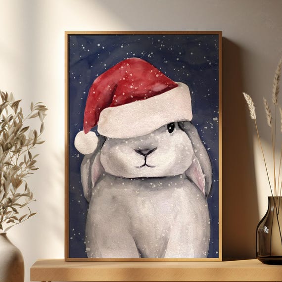 Christmas Wall Art Cute Bunny Print With Santa Hat Winter Animal Illustration Holiday Nursery Decor