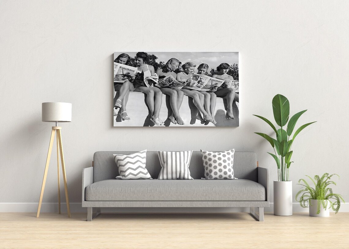 Women Reading Newspaper Vintage Black and White Art Print - Image 4