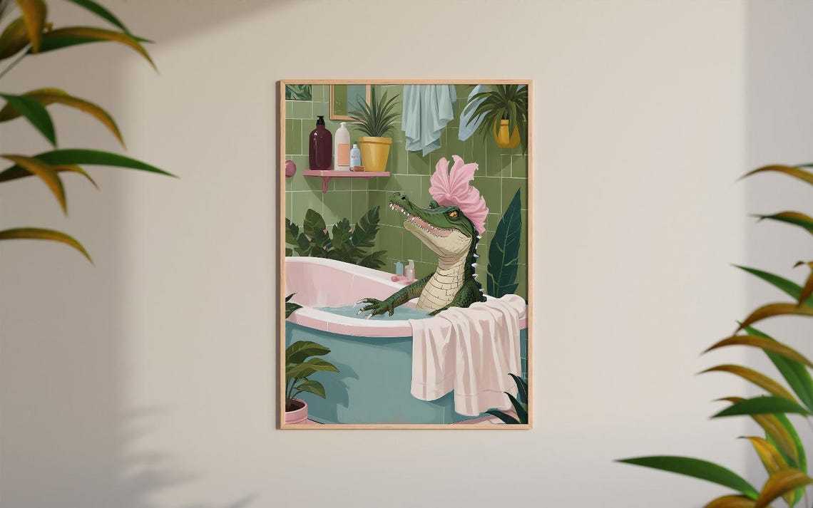 Funny Alligator Relaxing In Pink Bathtub With Shower Cap Humor Poster - Image 4