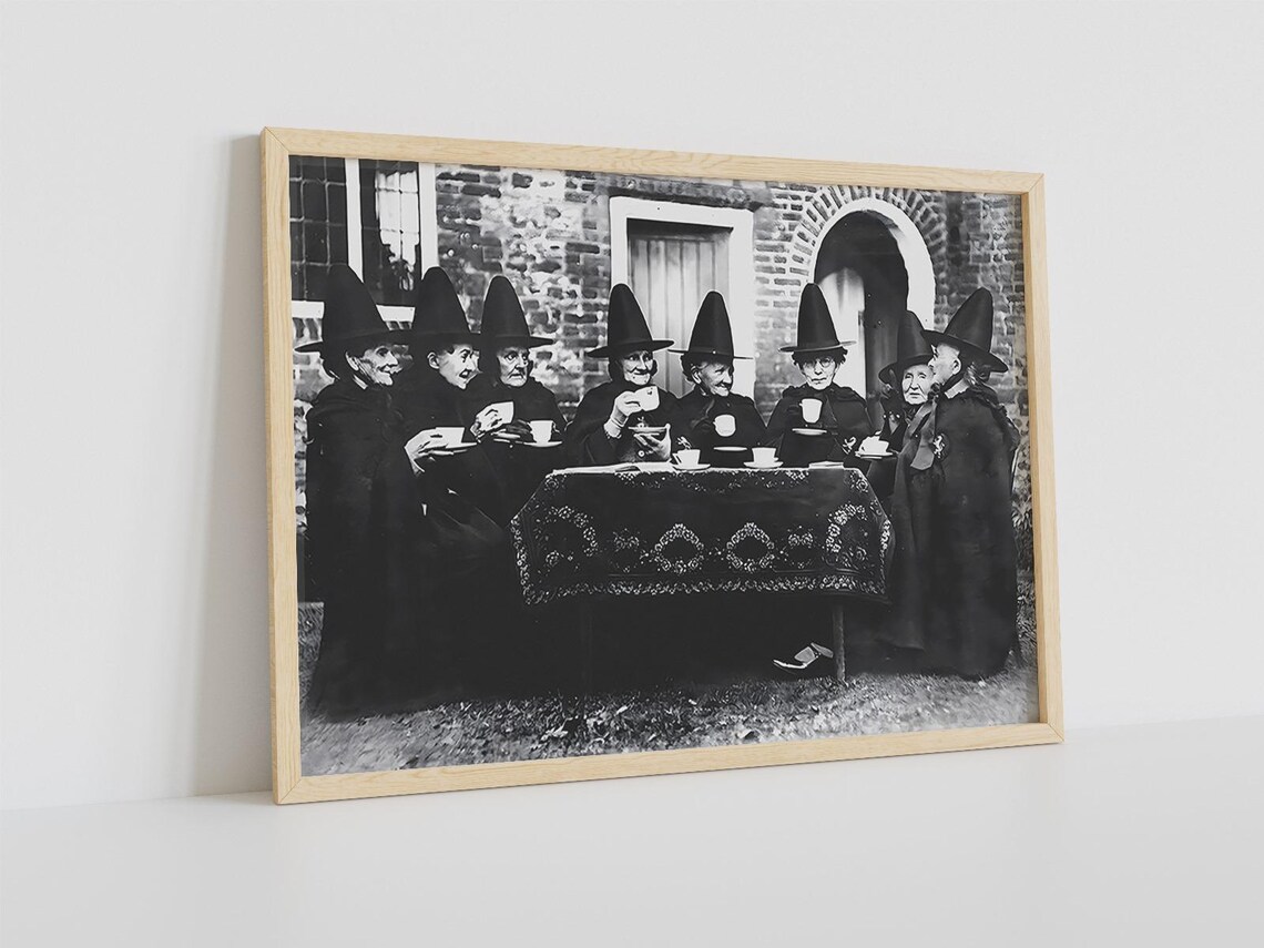 Witches Having Tea Party Vintage Black And White Halloween Photo Poster - Image 2