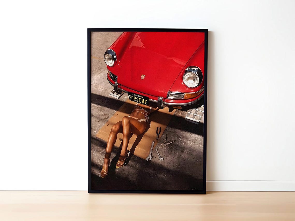 Classic Red Vintage Porsche Girl Mechanic Retro Pin Up Racing Poster - Image 4