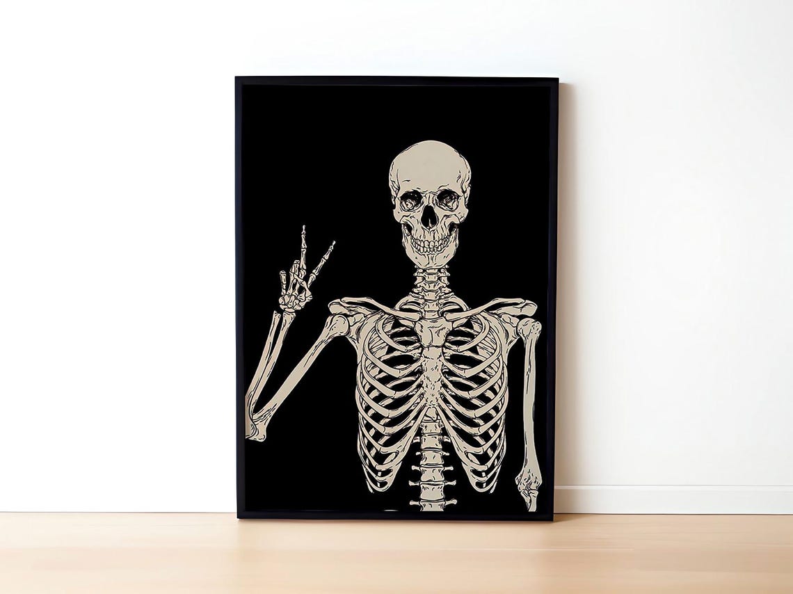 Peace Sign Skeleton Black Background Gothic Skull Art Poster