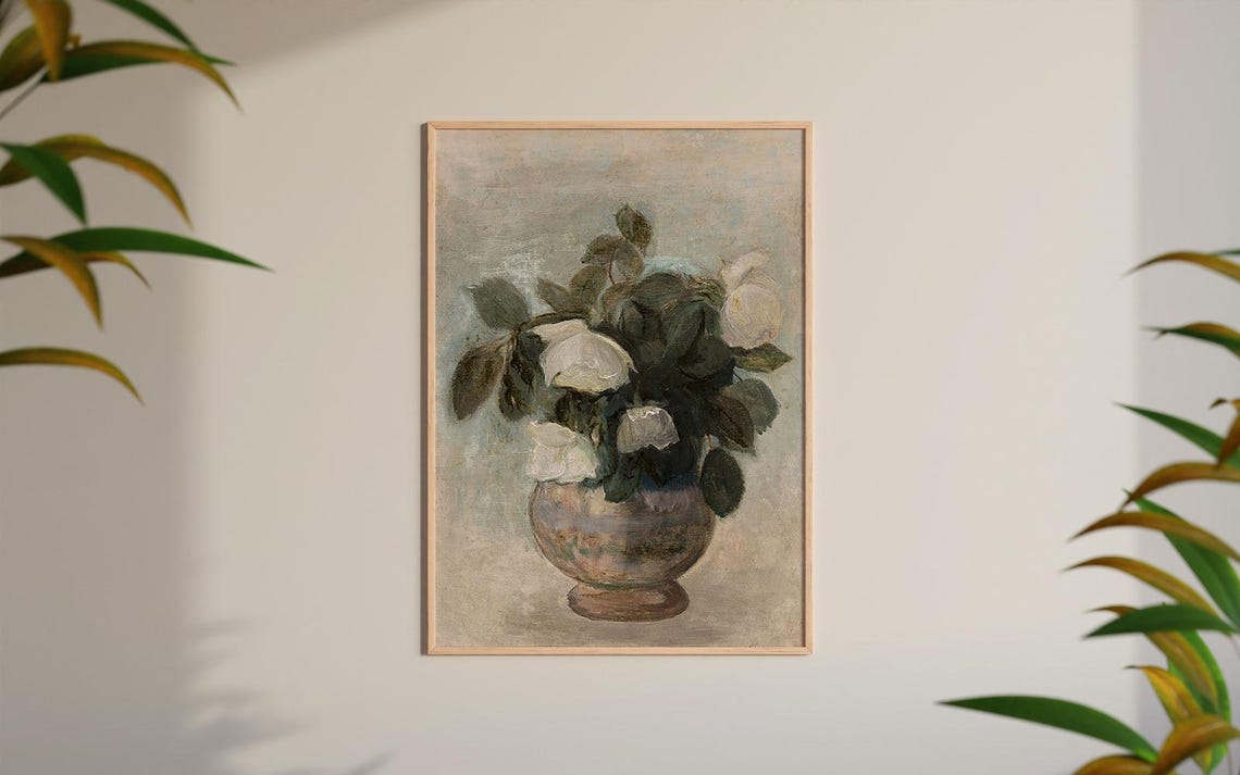 Vintage White Roses In Ceramic Vase Impressionist Botanical Poster - Image 4