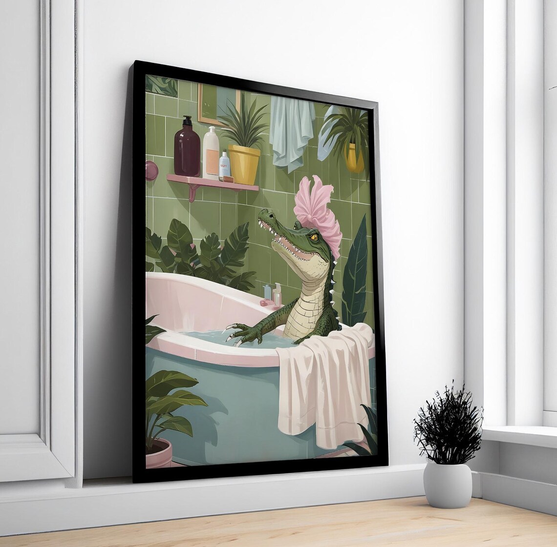 Funny Alligator Relaxing In Pink Bathtub With Shower Cap Humor Poster - Image 2