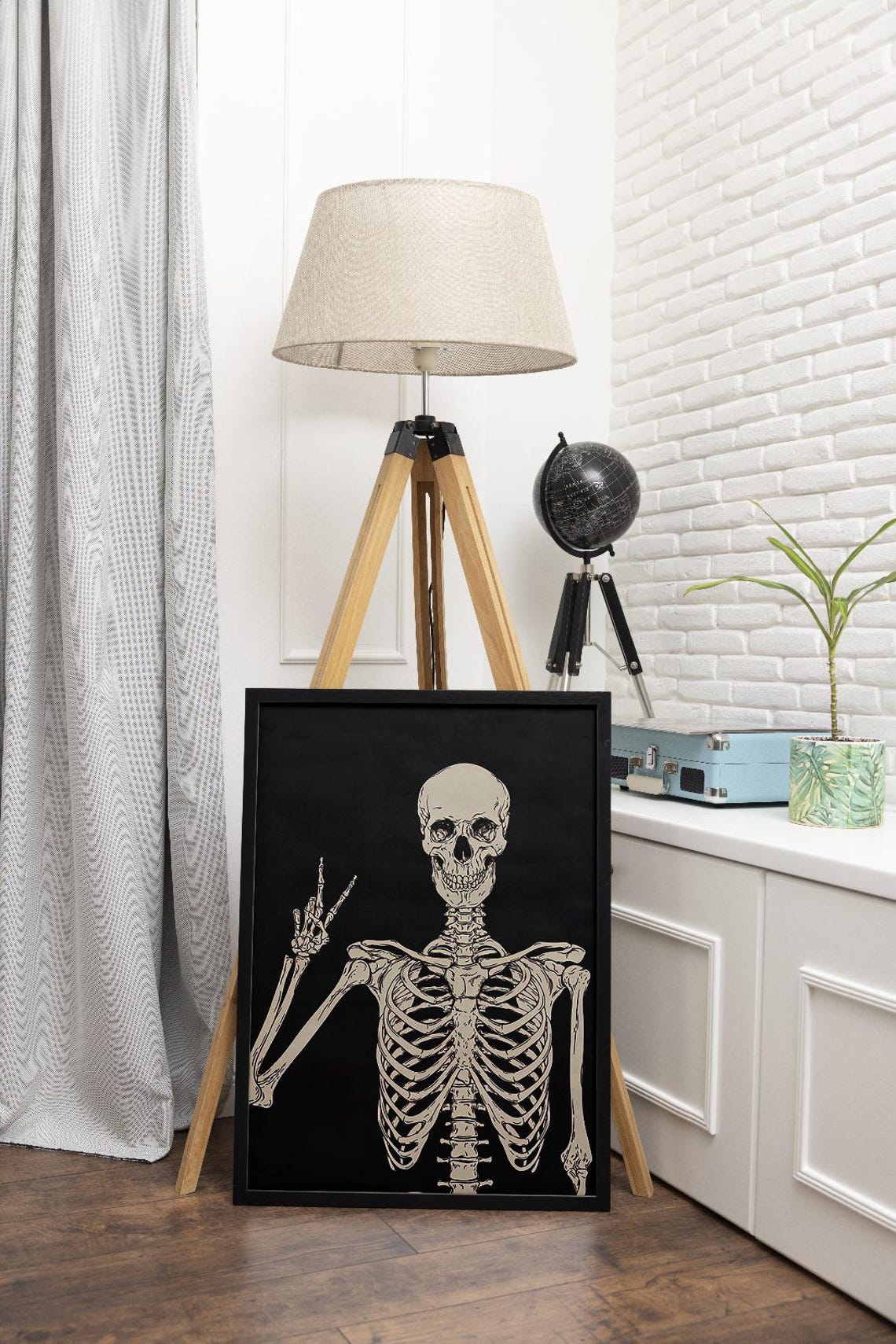 Peace Sign Skeleton Black Background Gothic Skull Art Poster - Image 3