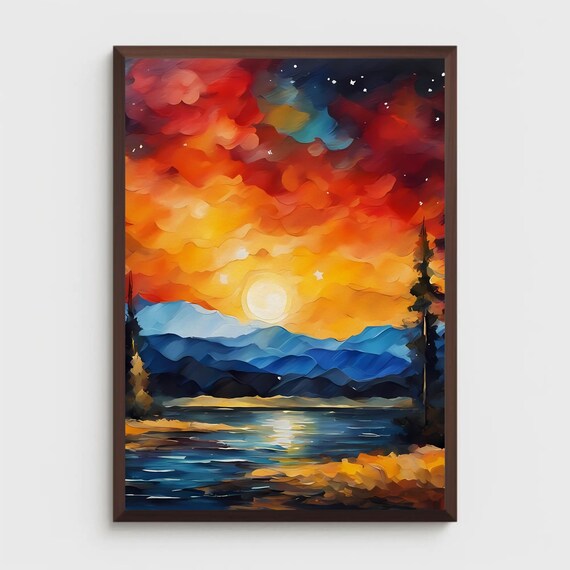 Twilight Watercolor Painting Print Lake Landscape Sunset Art Nightscape Starry Night Sky Nature Wall