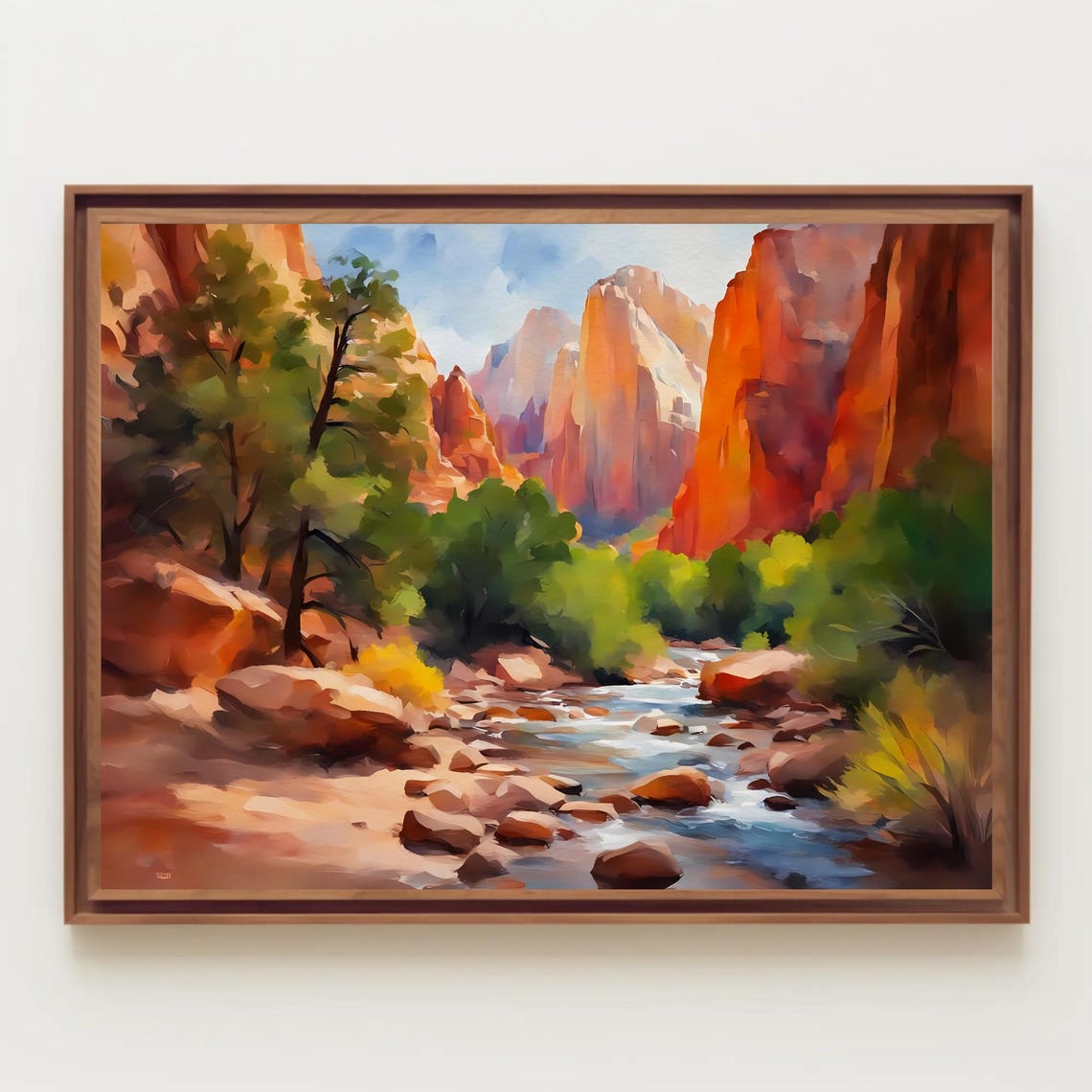 Red Rock Canyon Stream Flowing Through Desert Cliffs Watercolor Poster