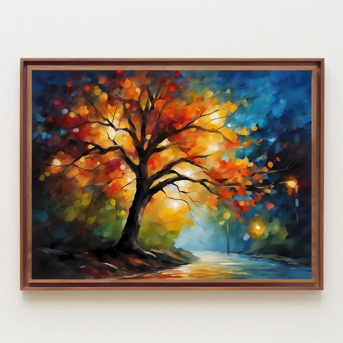 Abstract Autumn Tree Night Painting With Fiery Orange Leaves Poster