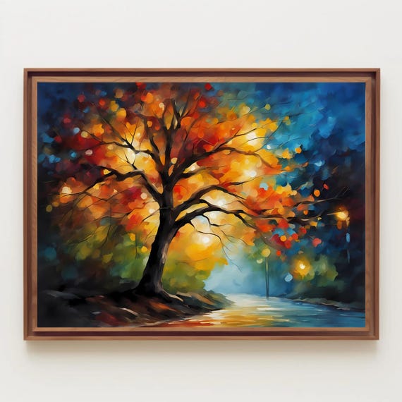 Lights In Tree At Night Watercolor Painting Print Landscape Nighttime Art Wall