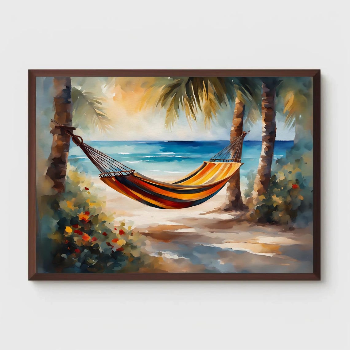 Striped Hammock Between Palm Trees Tropical Beach Watercolor Poster