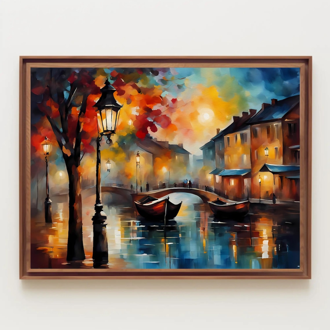 Evening Canal With Moored Boats Impressionist Old City Scene Poster