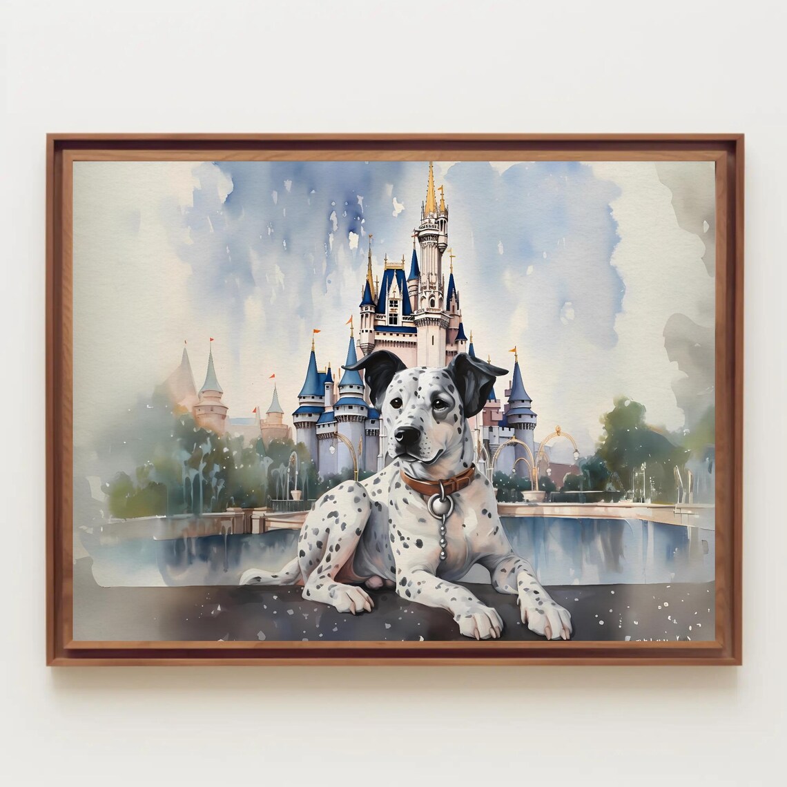 Dalmatian Dog Sitting Before Fairytale Castle Watercolor Poster