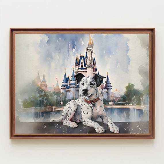 Dalmatian In Front Of Castle Watercolor Painting Dog Art Puppy Animal Decor Kids Room Nursery Wall