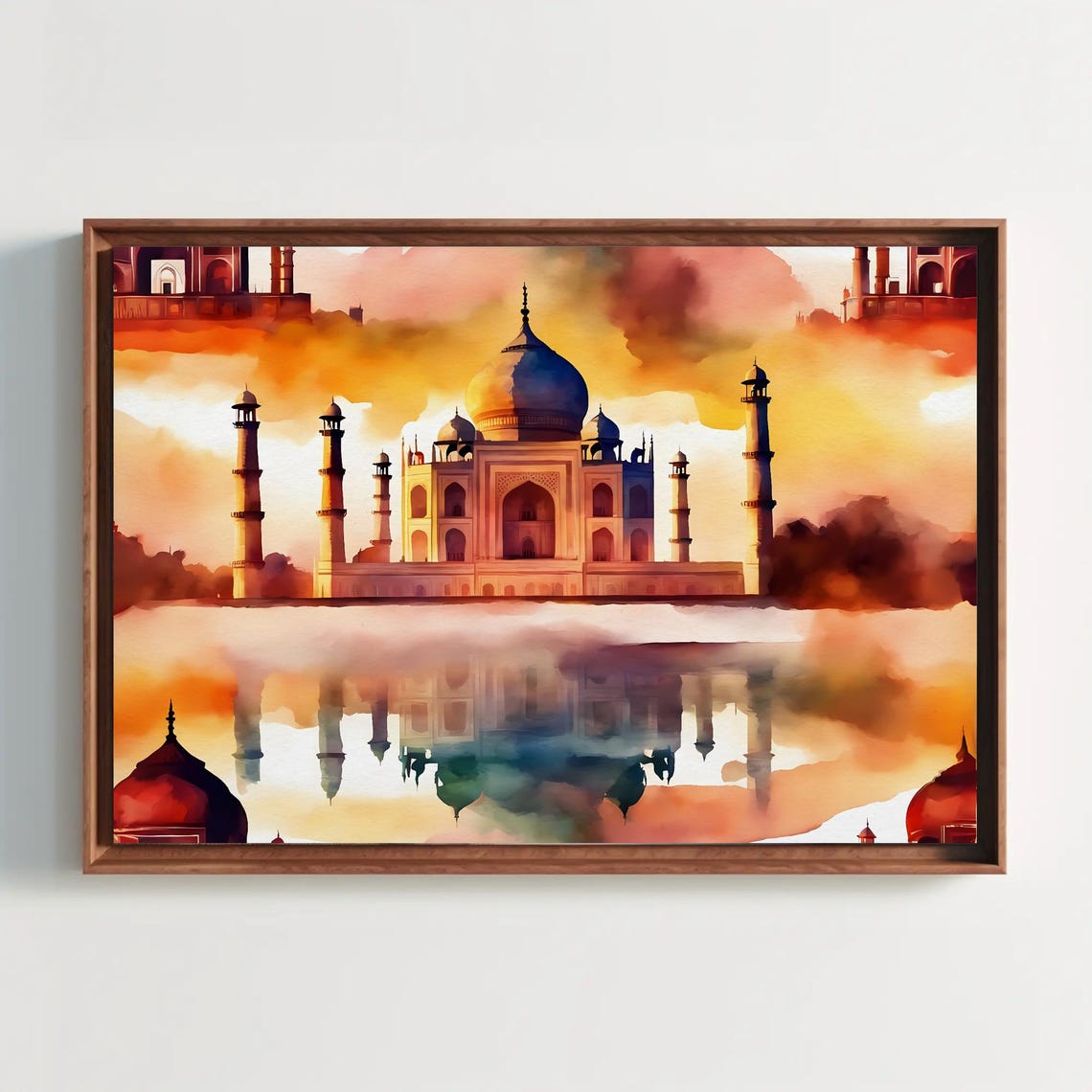 Taj Mahal in Watercolor at Sunset With River Reflection Art Poster