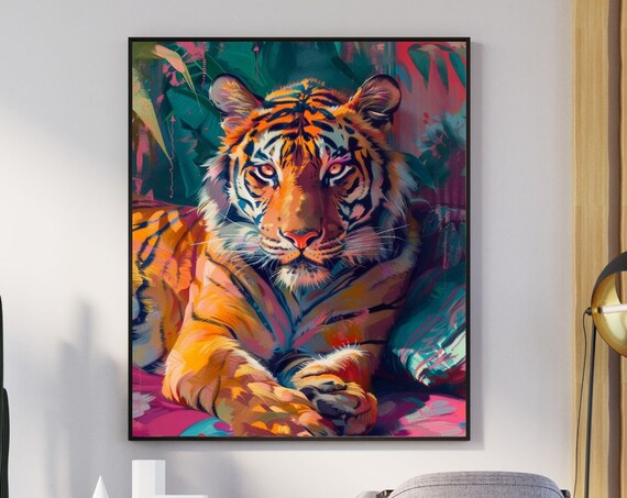 Colorful Tiger Lounging In Jungle Pop Art Poster Teal And Pink