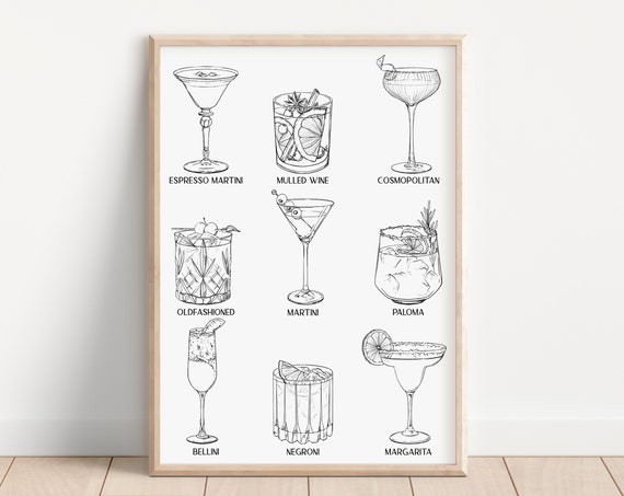 Minimalist Cocktail Line Art, Modern Whiskey Bar Print