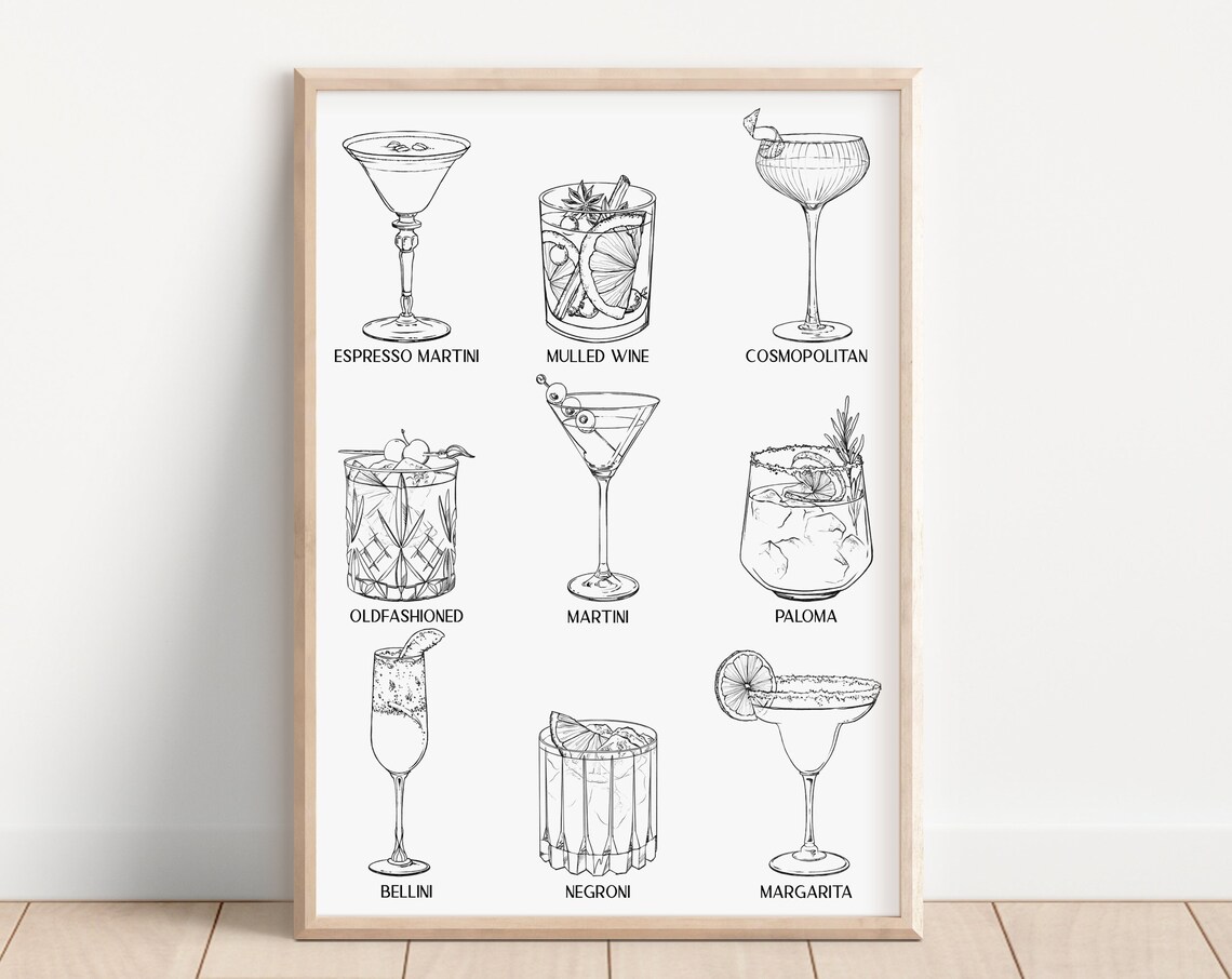 Minimalist Cocktail Line Art, Modern Whiskey Bar Print